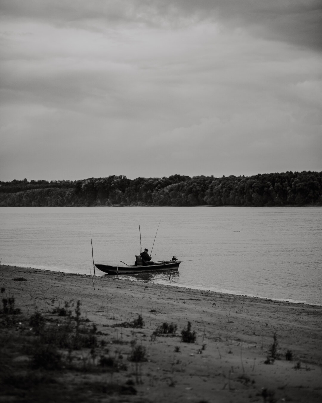riverbank, river boat, fisherman, river, black and white, monochrome, black, shore, boat, water