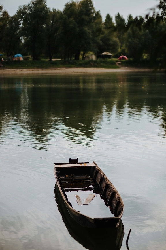 boat, wooden, floating, water level, calm, lakeside, lake, water, reflection, nature