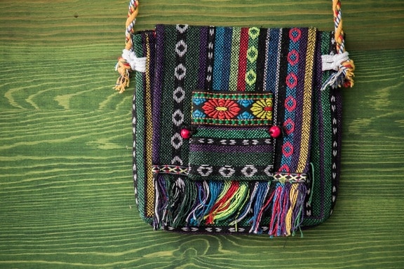 kleurrijke, handtas, wol, handgemaakte, ambachtelijke, stof, textiel, kleur, textuur, patroon