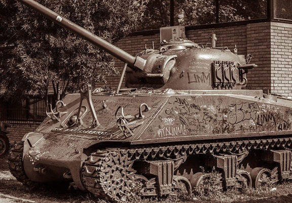 military tank, old fashioned, world war, sepia, graffiti, decay, derelict, cannon, military, tank