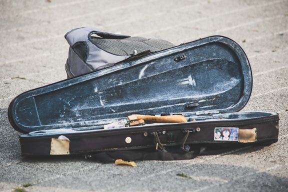 violino, bagagem, bagagem, velho, retrô, estrada, sujo, objeto, mochila, moda antiga