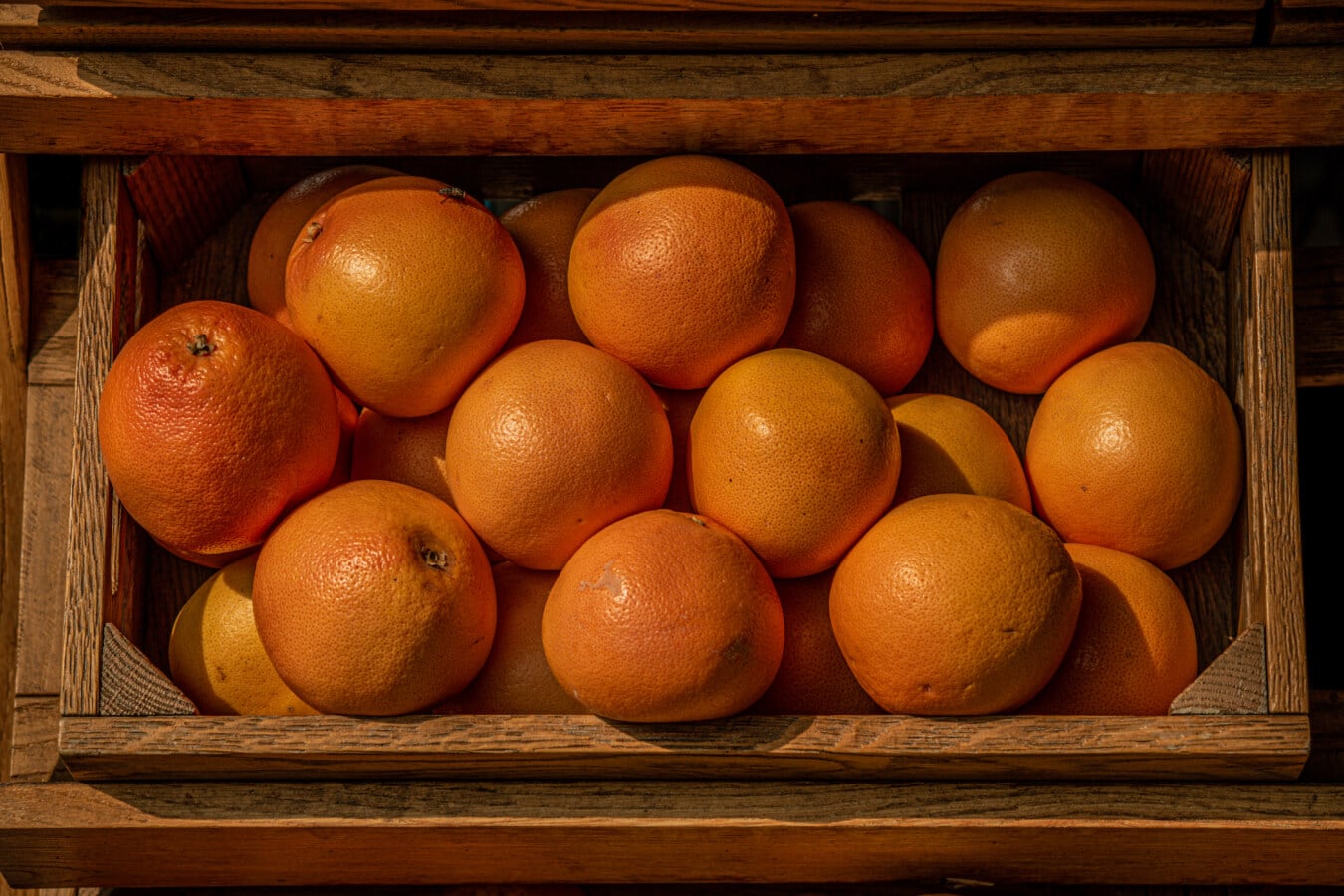 Box, trä, apelsiner, mogen frukt, marknad, frukt, vitamin, friska, mat, kost