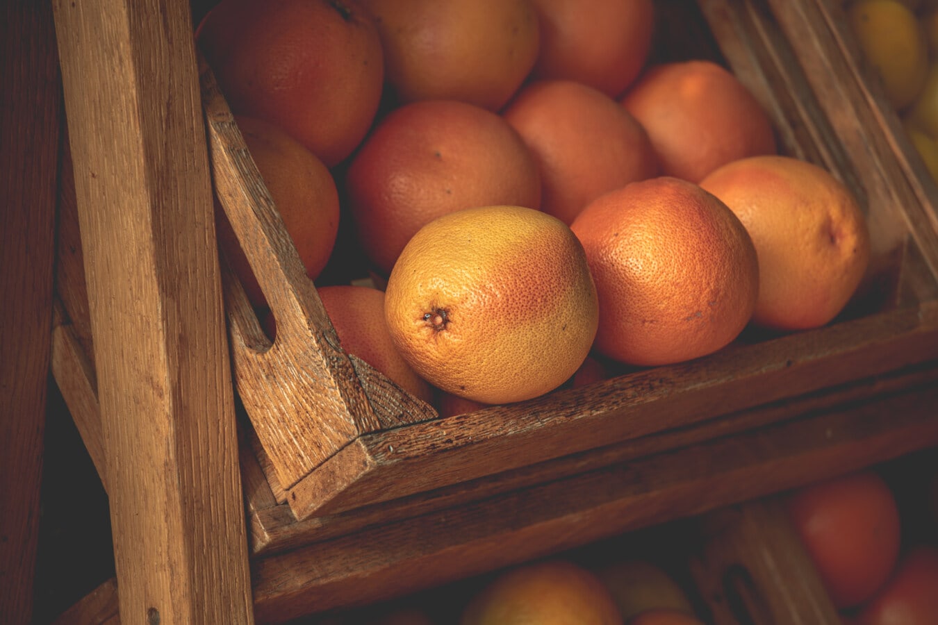 organische, sinaasappelen, sinaasappelschil, houten, vak, krat, hout, citrus, oranje, vrucht