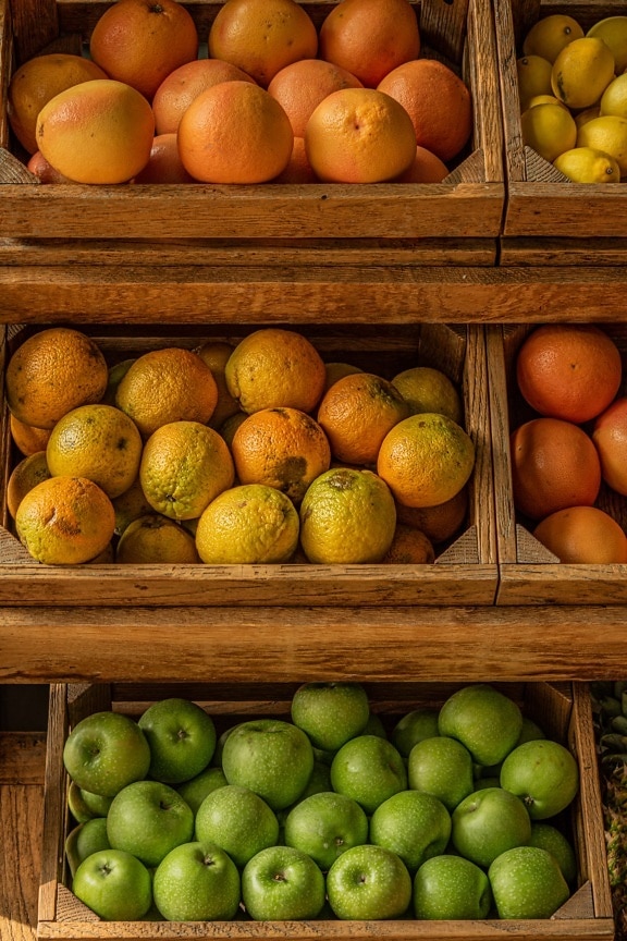 лимон, портокали, ябълки, грейпфрут, узрели плодове, органични, пазар, кутии, здрави, цитрусови плодове
