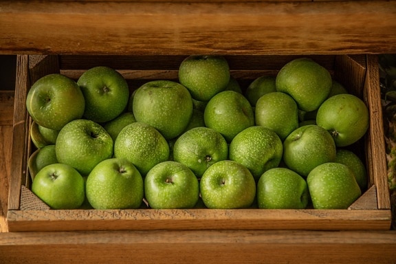 ripe fruit, dark green, apples, greenish yellow, marketplace, organic, box, wooden, fresh, fruit