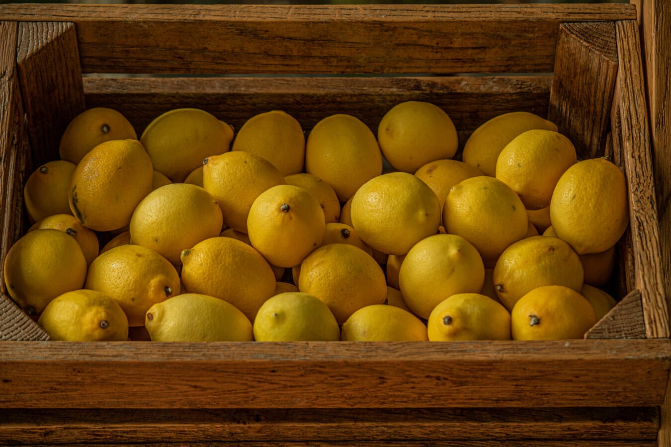 лимон, цитрусовые, спелые плоды, деревянные, коробка, органические, сельское хозяйство, питание, продукты, фрукты