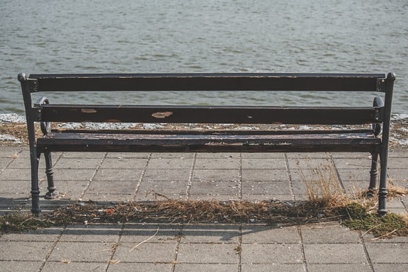 empty, bench, riverbank, seat, water, landscape, wood, pier, old, nature