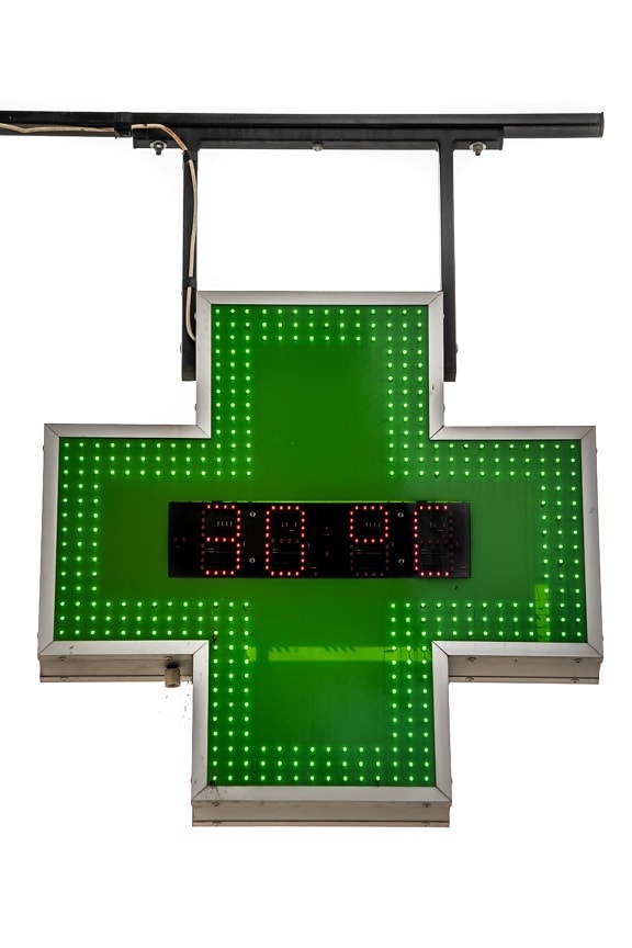sign, pharmacy, cross, green, temperature, hanging, thermometer, equipment, electronics, symbol