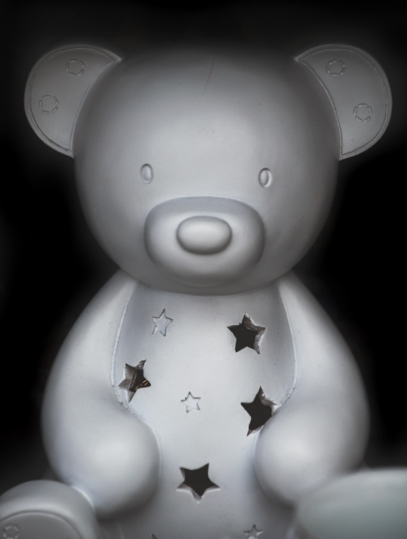 white, teddy bear toy, ceramics, old, toy, vintage, black and white, object, glossy, grey
