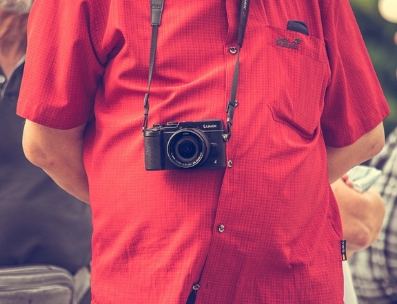 digital camera, compact, tourist, person, retro, fashion, lens, technology, shirt, color