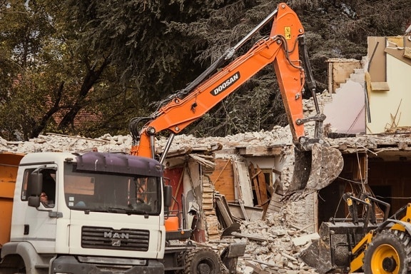 maisons, destruction, bulldozer, camion, véhicules, construction, véhicule, unité, lourdes, machines