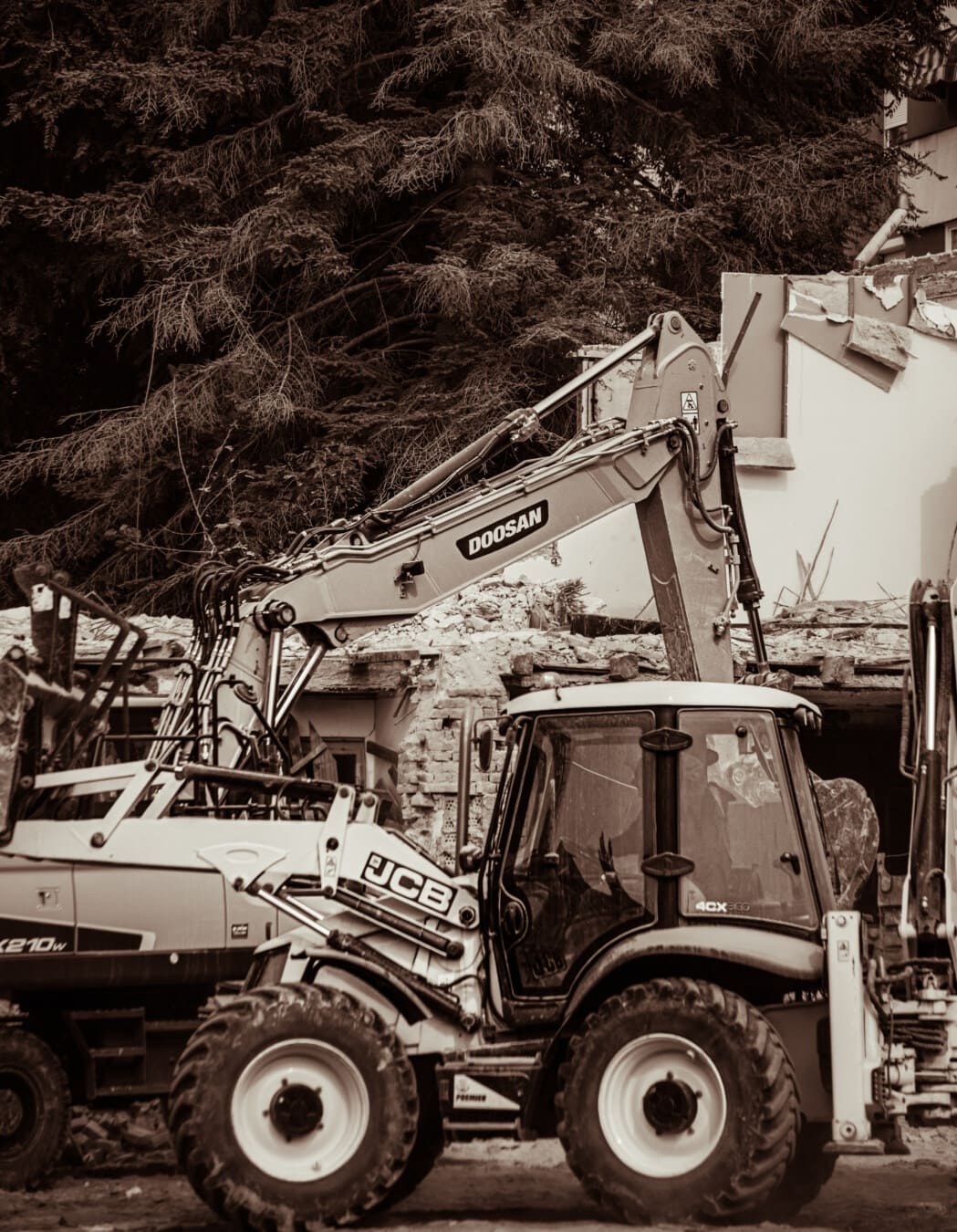 bulldozer, excavator, building, destruction, black and white, vehicle, machinery, monochrome, machine, heavy