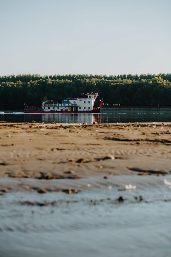riverbank, river, ship, barge, transport, water, beach, sand, outdoors, nature