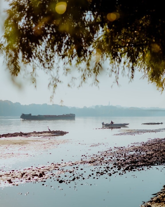 riverbank, foggy, river boat, riverbed, river, beach, shore, water, watercraft, sand