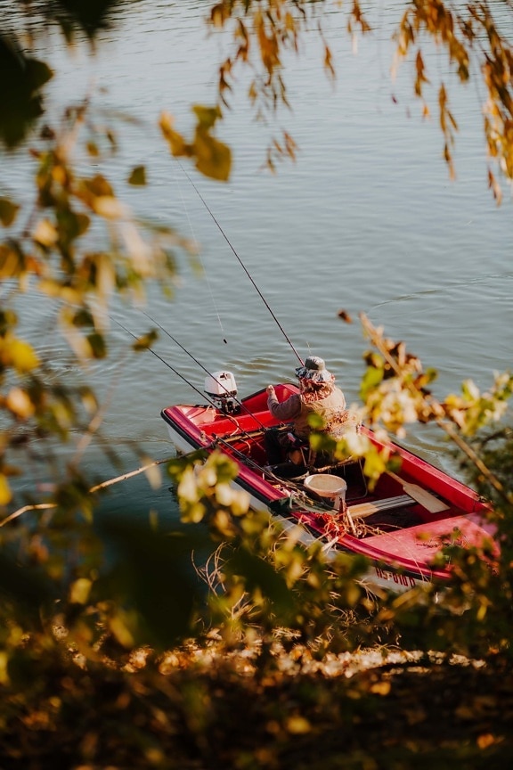 钓鱼竿, 渔具, 钓鱼船, 摩托艇, 人, 水, 船, 湖, 河, 性质