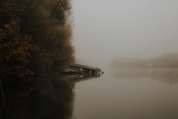 abandoned, boathouse, flood, fog, calm, water level, atmosphere, water, mist, dawn