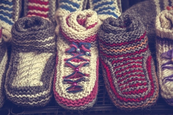 malhas, calçado, feito à mão, lã, banda de rodagem, tradicional, feira de artesanato, padrão, moda, chinelo