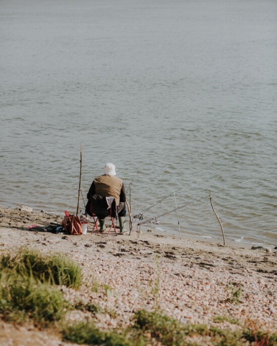 fisherman, water, beach, lake, vacation, man, river, elder, leisure, fishing rod