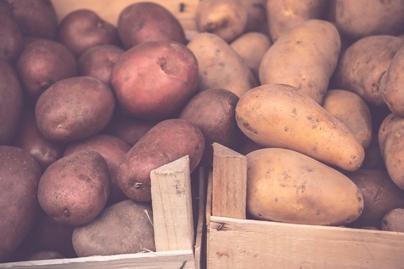 картофи, картофи, сладки картофи, дървени, кутии, съставки, произвежда, зеленчуци, здраве, храна