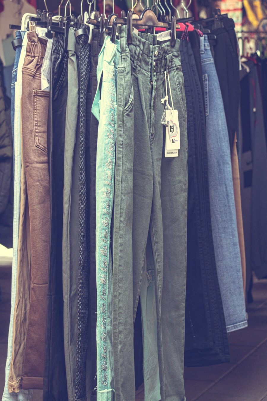 pantaloni, Pantaloni, lo shopping, negozio, tessile, denim, Boutique, Stock, guardaroba, gancio