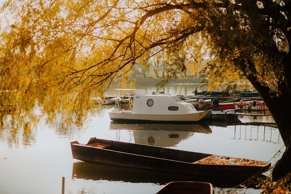 autumn season, boat, water, outdoors, watercraft, lake, river, vehicle, canal, reflection