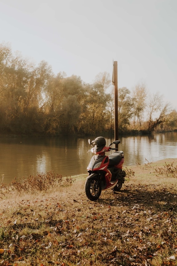 motorcycle, minibike, moped, autumn season, riverbank, bike, nature, water, vehicle, outdoors