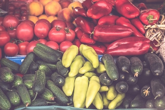 paprika, mentimun, tomat, belanja, pasar, bahan makanan, sayur, menghasilkan, makanan, sayuran