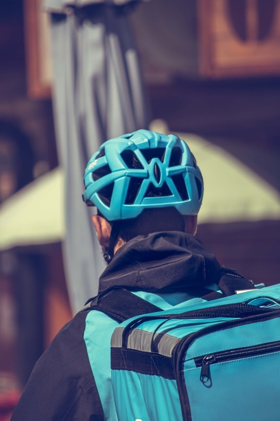 capacete, ciclista, andar de bicicleta, cabeça, segurança, proteção, mochileiro, rua, ao ar livre, homem