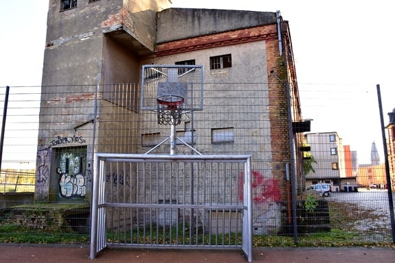 basketball court, urban area, abandoned, decay, street, industrial, derelict, architecture, old, graffiti