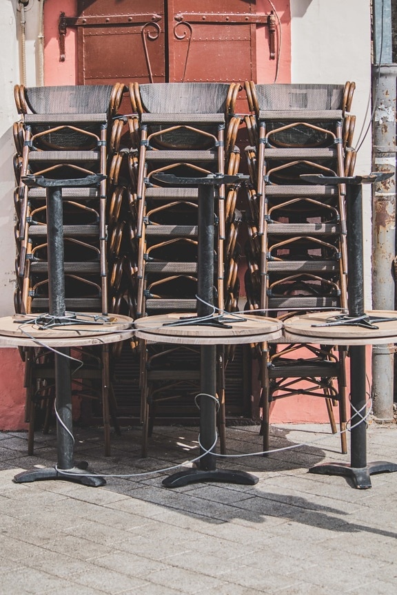 chair, furniture, chairs, table, tables, stacks, many, outdoor, seat, street