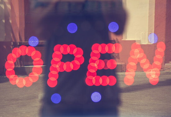 open, symbol, sign, neon, lights, transparent, glossy, reflection, color, bright