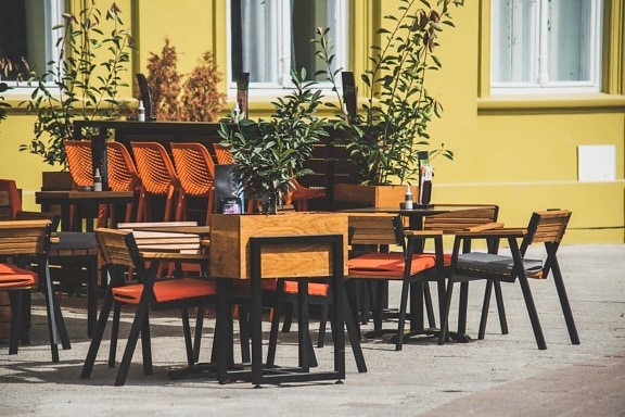 restaurant, cafeteria, empty, tables, furniture, chairs, pavement, outdoor, table, seat