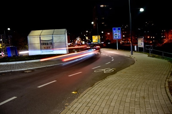hastighet, bilar, rörelse, gata, snabb, lampor, stadsområde, trottoar, väg, asfalt
