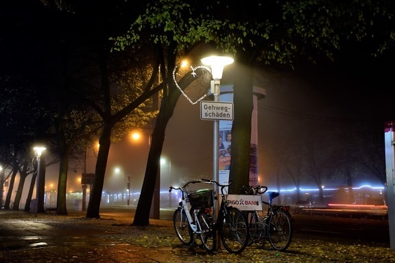noc, mestská oblasť, pouličné, večer, alej, bicyklov, parkovanie, svetlo, cestné, tmavé