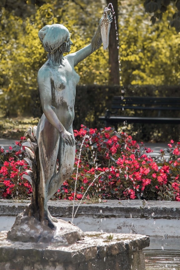 бронзовый, богиня, скульптура, фонтан, статуя, сад, искусство, дерево, на открытом воздухе, парк