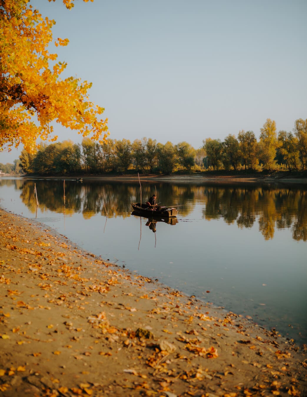秋天季节, 钓鱼船, 内河船, 河, 河岸, 田园, 景观, 雄伟, 水, 岸