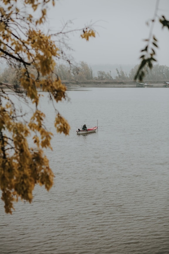 Połów Łódka, Rybak, wędkowanie, nad jeziorem, wiatr, sezon jesień, Łódź, wody, Jezioro, krajobraz