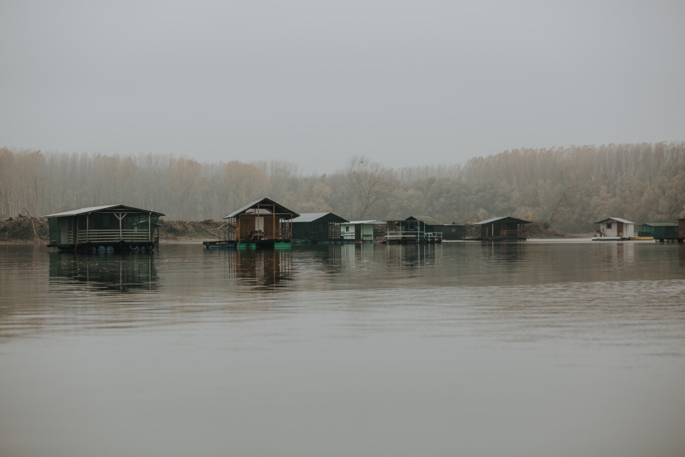 ceaţă, dimineata, pe malul lacului, atmosfera, calm, case, plutitoare, Lacul, Râul, magazie