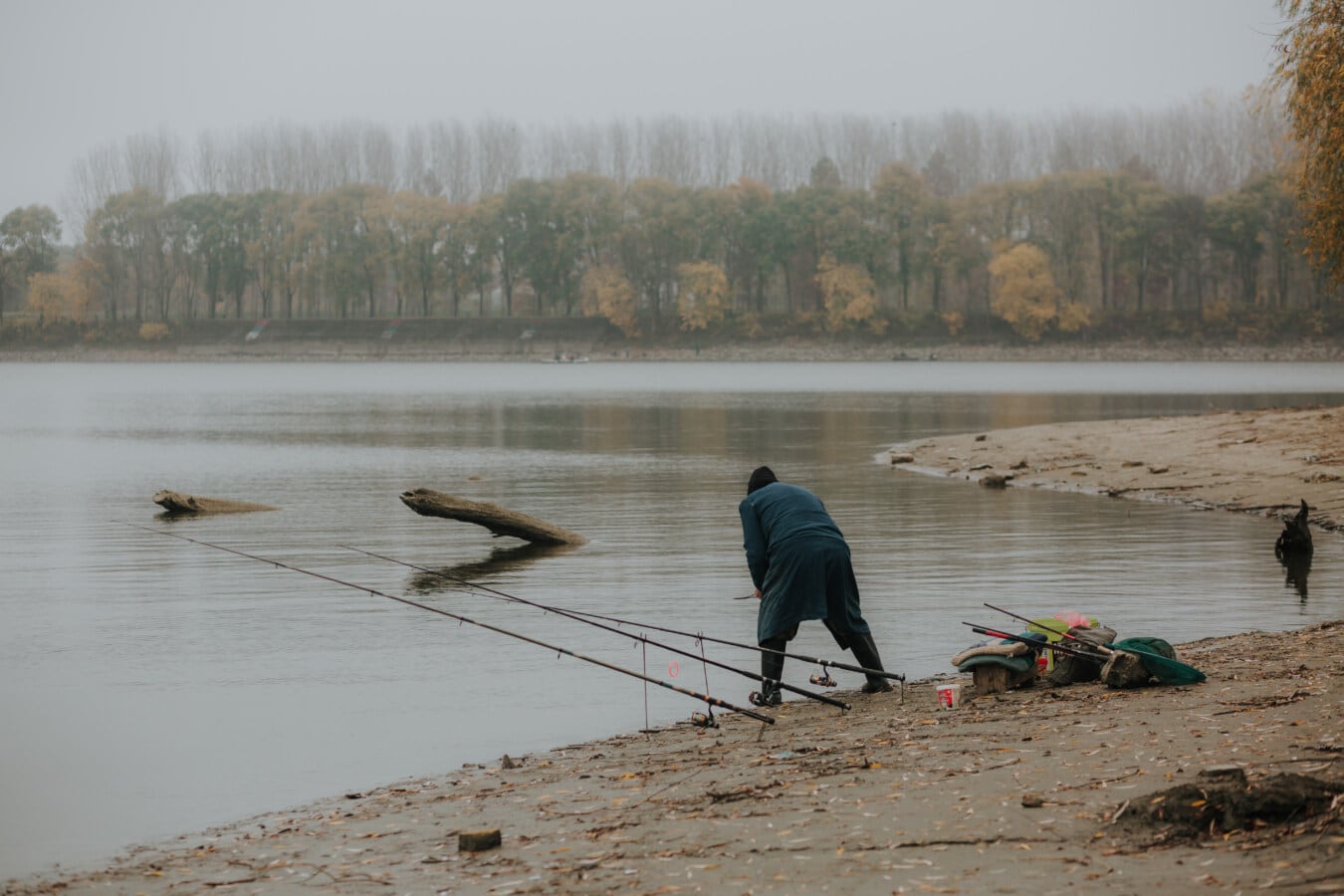 fishing gear, fishing rod, riverbank, morning, autumn season, foggy, water, river, fisherman, landscape