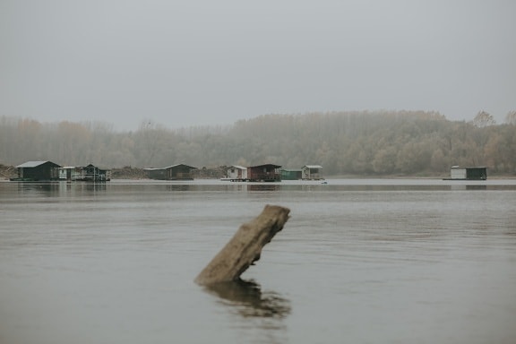 morning, autumn season, foggy, lakeside, calm, water level, distance, driftwood, boathouse, water
