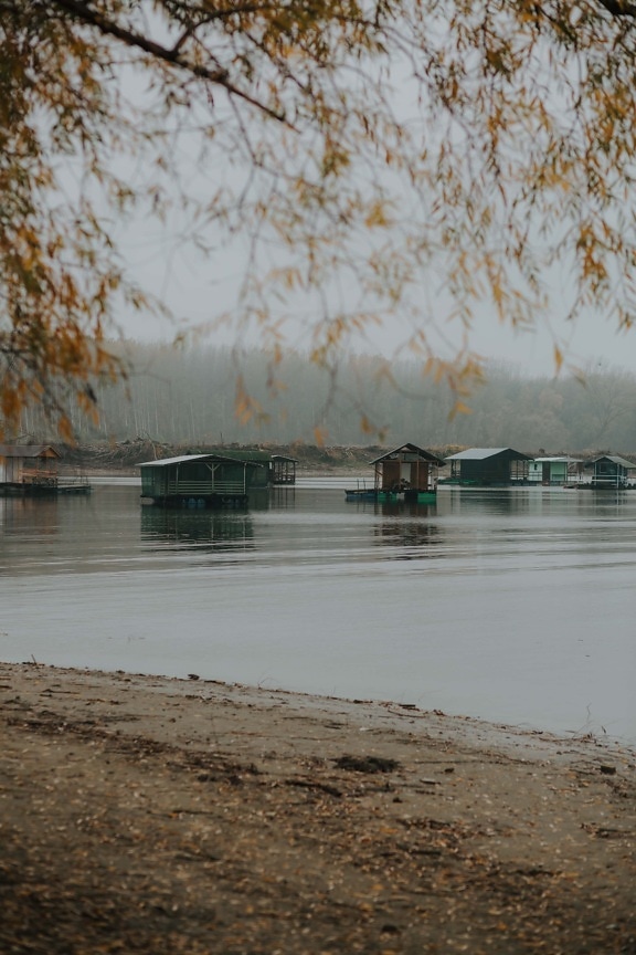 cold water, morning, landscape, autumn season, cold, foggy, boathouse, floating, houses, water