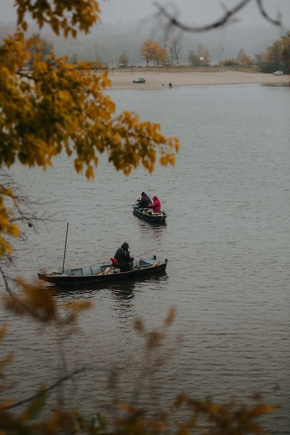 rybářský člun, podzimní sezóna, rybářský prut, lovná zařízení, řeka, loď, voda, jezero, vodní skútry, krajina