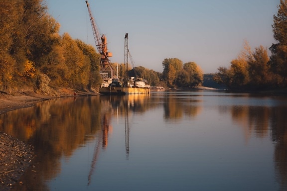 autumn season, harbor, lake, industrial, factory, recycling plant, landscape, water, tree, river