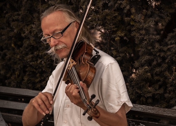 old man, pensioner, musician, senior, violin, bench, outdoor, music, instrument, concert