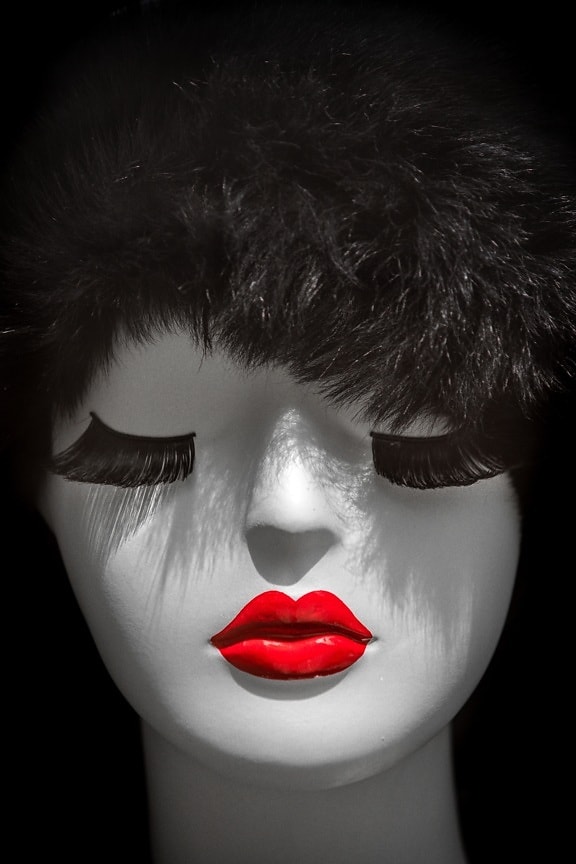 plastic, doll, head, close-up, black and white, lipstick, dark red, face, hair, model