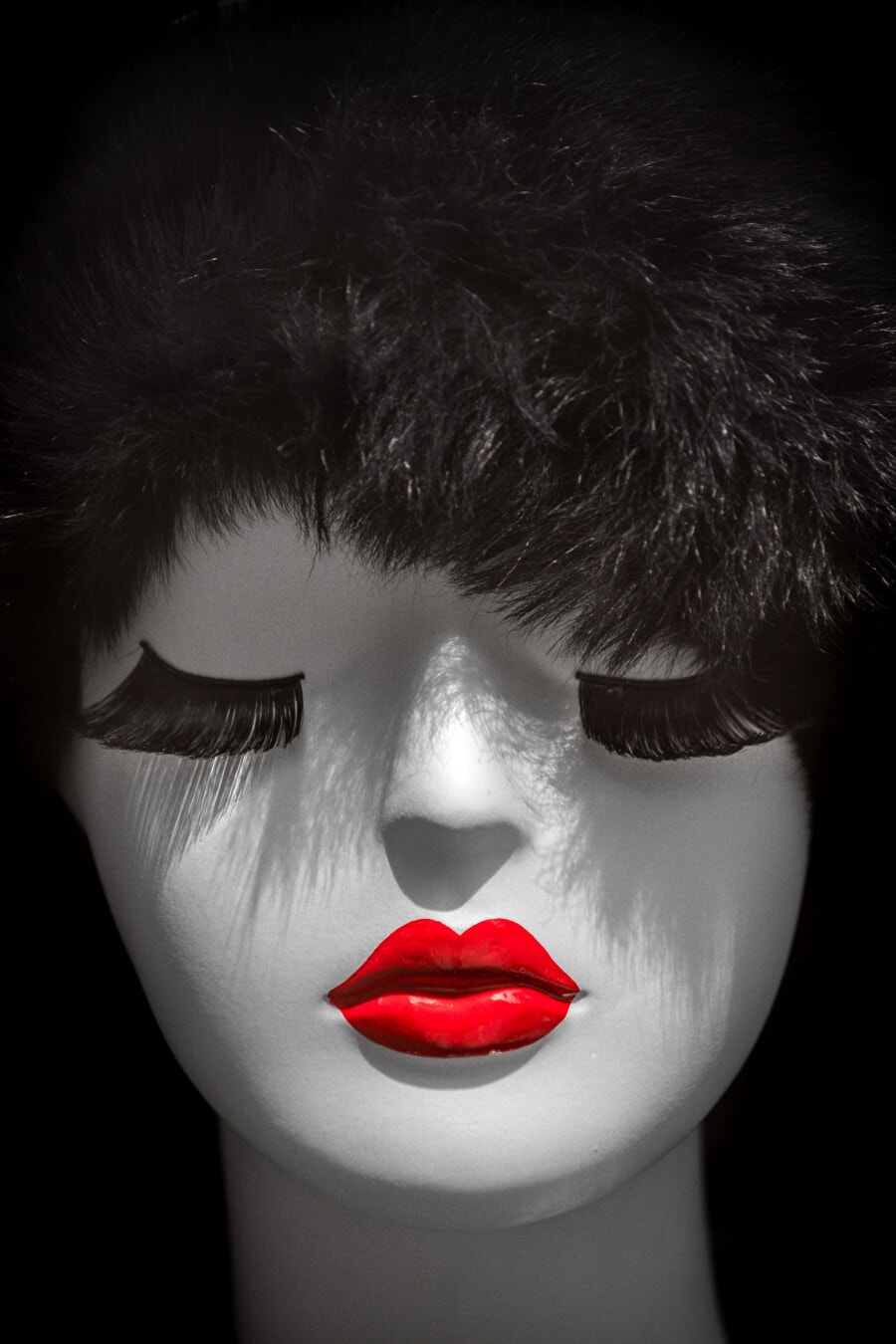 plast, dukke, hoved, helt tæt, sort og hvid, læbestift, mørk rød, ansigt, hår, model