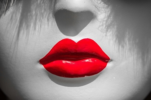 labbra, rosso scuro, bocca, rossetto, bacio, plastica, bambola, da vicino, dettagli, dettagliata