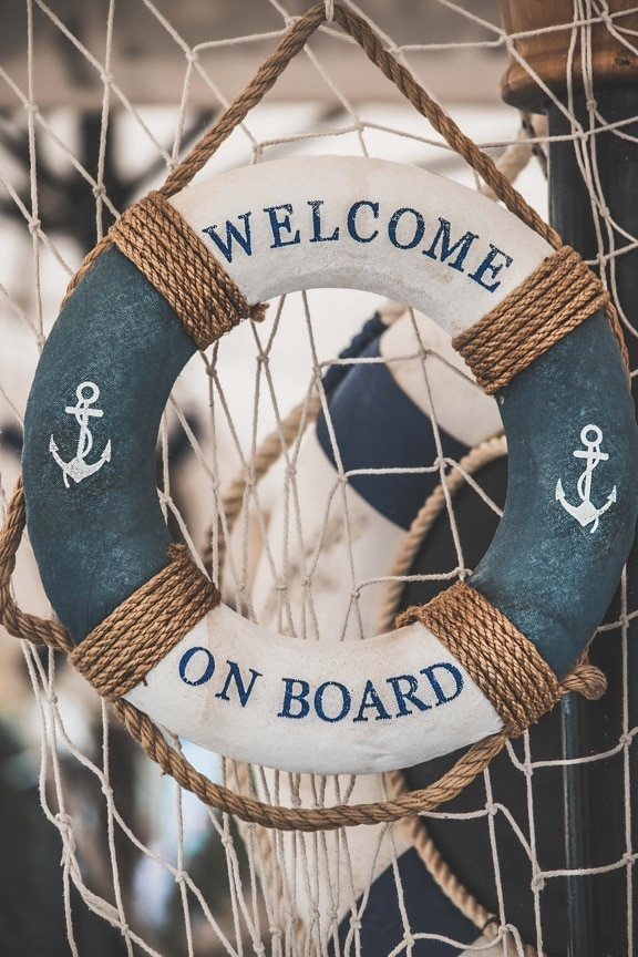 welcome on board, round, life preserver, anchor, object, vintage, network, rope, web, outdoors