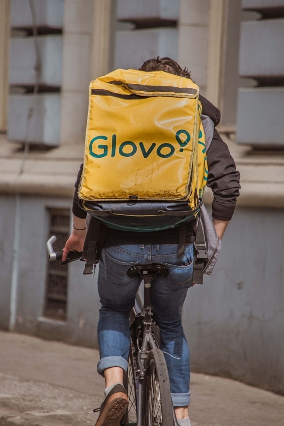 serviceman, Glovo delivery, cyclist, backpacker, backpack, employment, job, street, man