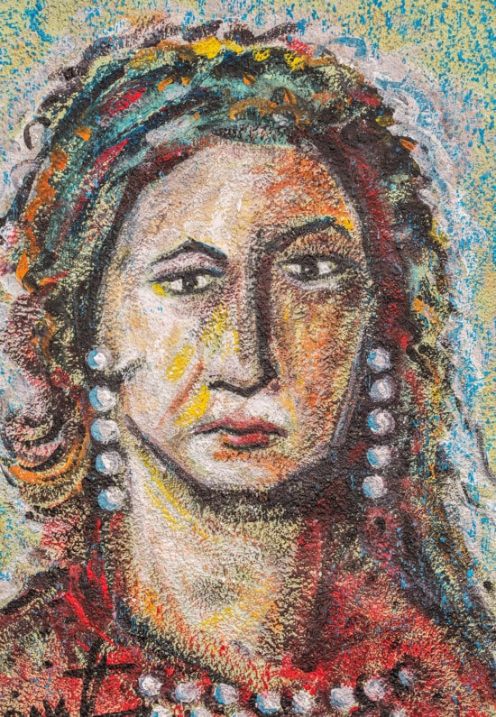 kleurrijke, portret, graffiti, jonge vrouw, gezicht, hoofd, muurschildering, kunst, oprichting, schilderij